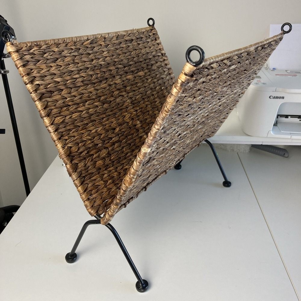 Mid Century Modern Magazine Holder‎ Rattan Wicker & Iron